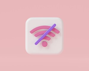 Poster - No wifi signal icon on pink background, Wifi network is not available, Bad network, Internet error, Wireless error, wifi problem, no internet signal. 3d rendering illustration. cartoon minimal style