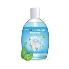 Canvas Print - Realistic Detailed 3d Mouth Rinse Bottle with Green Mint Leaves Isolated on a White Background. Vector illustration of Mouthwash