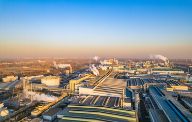 Urban factory chimney cooling tower aerial view, environmental pollution, air pollution