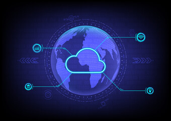Poster - Abstract hi-tech background blue earth dotted map glowing cloud with wifa icon, graph with dotted circle around the world and symbol gradient background