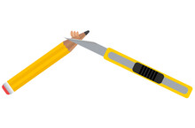 Yellow Pencil Is Cut With A Yellow Stationery Knife