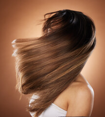 Canvas Print - Beauty, hair and salon with a model woman in studio on a brown background for keratin haircare treatment. Health, luxury and hair care with a young female posing to promote a natural hairstyle