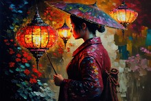 Oil Painting Style Illustration Of A Beautiful Women Wearing Traditional Asian Clothes And Hold Paper Umbrella Walking On Street	
