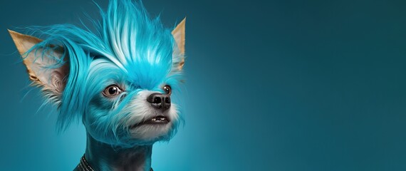 Wall Mural - Dog with a blue shaggy hairstyle, created with Generative AI technology. Copy space. Pet grooming concept.