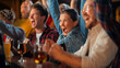 © Gorodenkoff - Group of Diverse Friends Cheering for Their Team, Drinking Beer at a Pub Counter. Supportive Fans Cheering, Applauding and Shouting. Joyful Friends Celebrate Victory After the Goal.