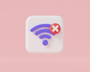 Poster - 3d rendering illustration of no wifi signal icon on pink background, Wifi network is not available, Bad network, Internet error, Wireless error, wifi problem, no internet signal. cartoon minimal style