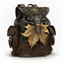 Design Of A Leather Backpack Medieval Authentic Leaf Opening With Pouches And Ornations, Generative IA