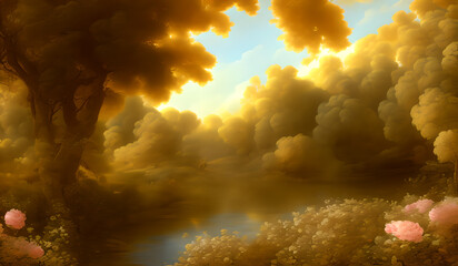 Wall Mural - a beautiful dreamy landscape with trees, flowers blossoms and grass near a river - rococo art style