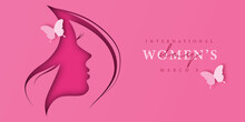 8 March International Women's Day Vector Illustration Concept. Paper Cutout Girl Face On Pink Background. 8 March Vector Illustration. Template For UI, Web, Banner, Or Greeting Card.