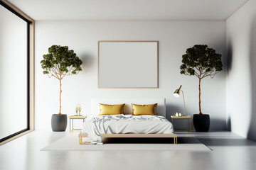 Wall Mural - Minimalist modern white bedroom. Cozy white and grey room minimal concept, bed with a lot of pillows, white walls and green plants, 3d rendering, AI generated image.