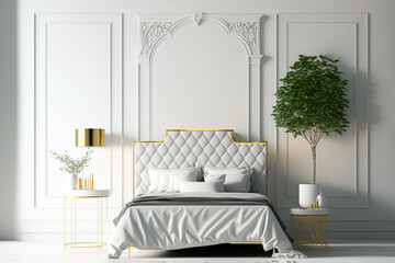 Wall Mural - Minimalist modern white bedroom. Cozy white and grey room minimal concept, bed with a lot of pillows, white walls and green plants, 3d rendering, AI generated image.