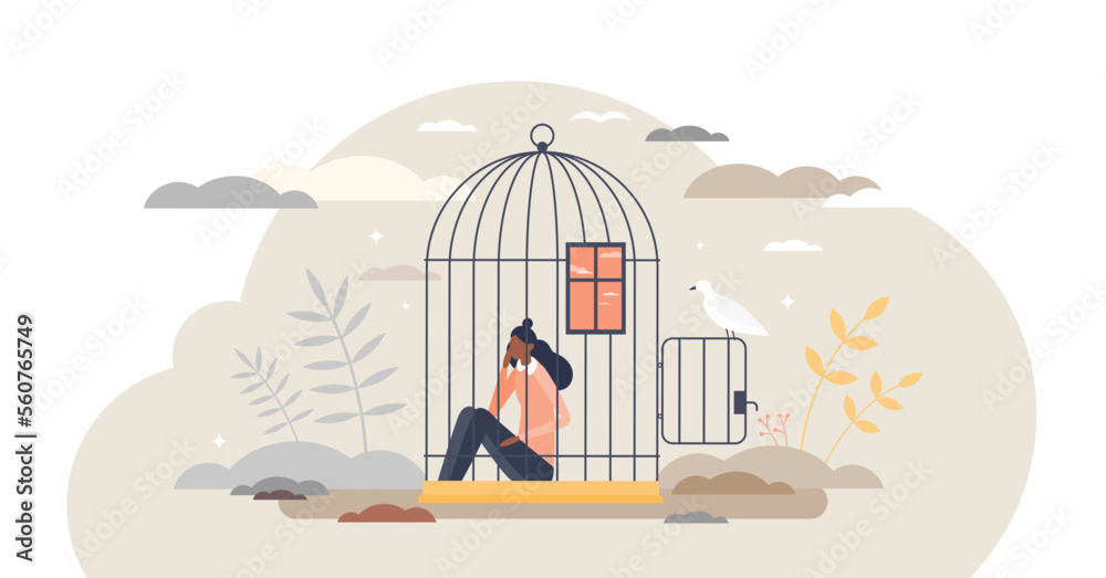 Inner prison as mental state with thought stuck and block tiny person ...