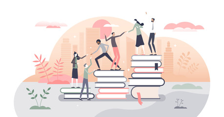 Learning progress as horizon expansion from book reading tiny person concept, transparent background. Knowledge gain with academic studying and cognitive academic research illustration.