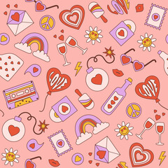 Poster - Groovy romantic seamless pattern in trendy retro 60s 70s cartoon style. Vector background in pastel colors.