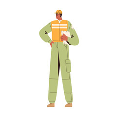 Poster - Engineer, industrial worker in helmet and uniform. Factory foreman holding manufacturing documents. Industry employee, master in hardhat. Flat vector illustration isolated on white background