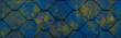 Abstract seamless yellow blue rusty geometric rhombus diamond hexagon 3d damask ornate tiles wall texture background banner wide panorama panoramic