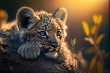  A Baby Cheetah Is Resting On A Branch With A Butterfly In Its Mouth And A Butterfly On The Branch In The Foreground Of The Picture, With A Yellow Background Of A.  Generative