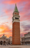 Campanile tower on St. Mark's square in center of Venice at sunrise, Italy
