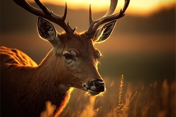 Wall Mural -  a deer with antlers standing in a field of tall grass at sunset with the sun shining on it's back end and the head and the deer is looking at the camera with a.  generative