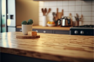 Poster -  a small potted plant sitting on a wooden counter top in a kitchen with a stove and counter top with utensils on it and a wooden cutting board on the counter top with a.  generative