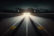  a long empty road with a bright light at the end of it and a dark sky in the background with clouds and a few lights on the road markings are yellow and yellow lines with.  generative