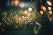  a field of grass with a bunch of dandelions in the grass and lights in the background, with a blurry background of boke of grass and boket lights in the foreground.  generative  generative