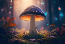  A Mushroom With A Blue Cap Is In The Middle Of A Forest With Leaves And Grass And A Light Shining On It's Surface And A Blue Background With A Yellow Glow Of Light.  Generative
