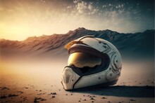  A Helmet Sitting On The Ground With A Mountain In The Background With A Sky Background And Clouds In The Distance With A Sunbeam In The Middle Of The Sky Above The Helmet, And.  Generative