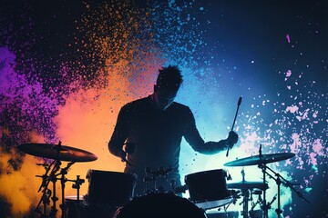  a man with a drum set in front of a stage with colored smoke and smoke behind him and a microphone in his hand and a drum set in front of him, with a purple and.  generative