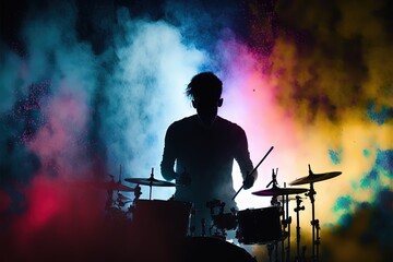  a man playing drums in front of a colorful background of smoke and smokestacks in the dark of the night time, with a drum set in front of him, on stage lighting.  generative