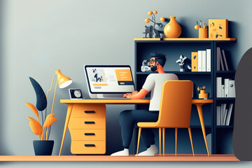 A freelancer man works behind a laptop. Home office workplace. (ai generated)