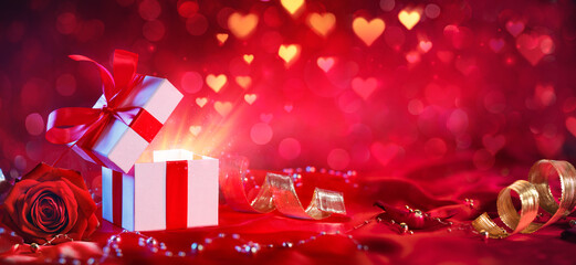 Wall Mural - Valentines Day - Present With Magic Hearts Lights - Red Defocused Abstract Background