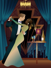 Man And Woman Dancing In The Background Of The Window, Party, Art Deco, Couple Dressed In Retro Style