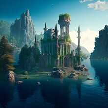 Mystical Mysterious Ruins On The Lake Islands. High Quality Illustration