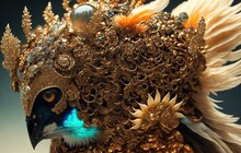 Close-up Portrait With A Crown Made Of Gold Beautiful Intricately Detailed Japanese Crow Kitsune Mask
