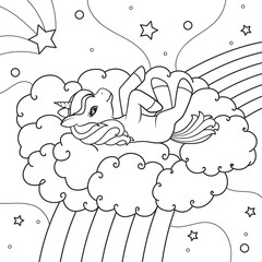 Wall Mural - The unicorn lies on the clouds against the background of the starry sky. Coloring book. Illustration on transparent background