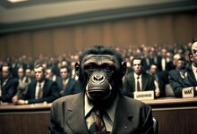Bonobo Chimpanzee Wearing Modern Business Man Suit In Conference Room With Blur Background, Generative Ai