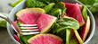 Bowl with fresh sliced radish and spinach leaves, closeup. Diet concept