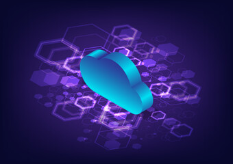 Fototapete - Abstract background technology 3d
cloud computing has a bright blue color There are glowing polygons below. on a purple gradient background