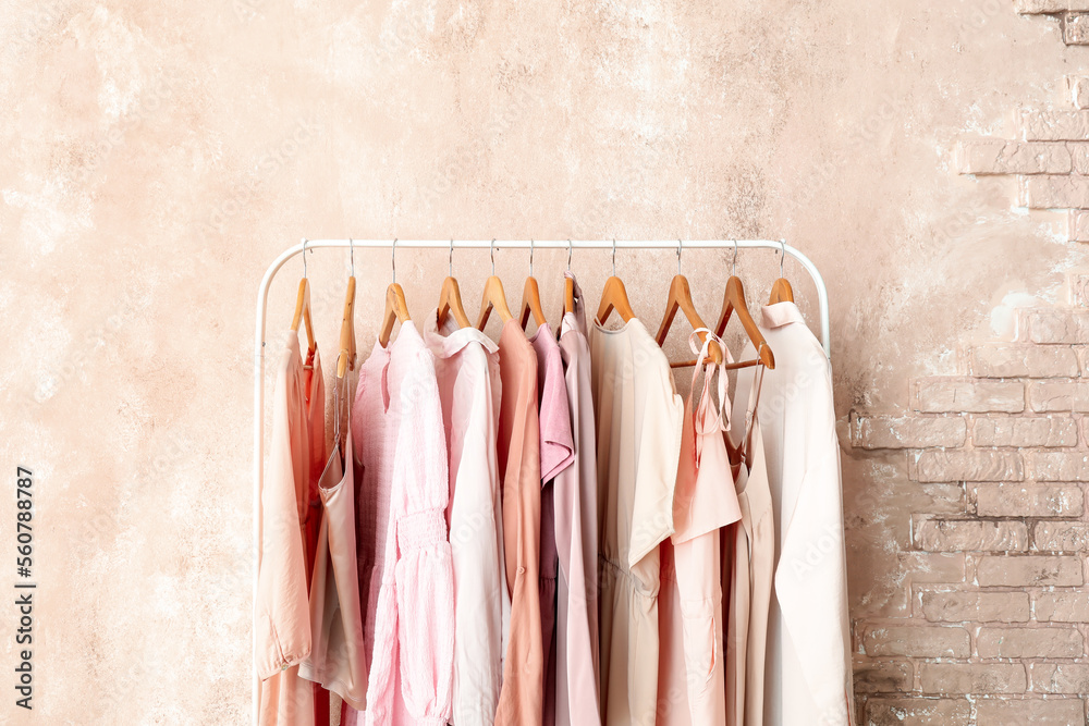Rack with stylish female clothes near pink wall