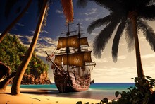 A Pirate Ship Between Palm Trees On A Tropical Island. Generative AI