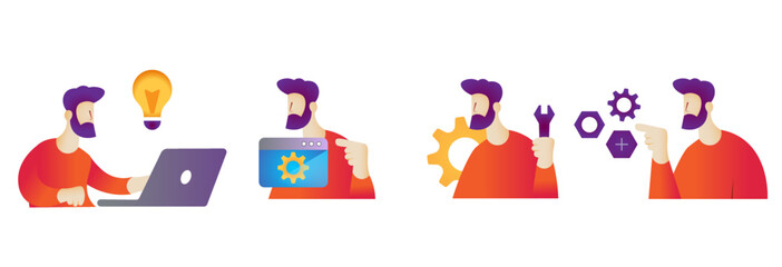 Set of 4 Design, Engineering concepts (solution, testing, troubleshooting, mechanics) clean colorful vector illustration design. Version 1.