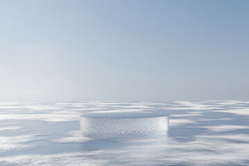Wall Mural - 3d render platform background and empty round stage ice podium on ice snow ground with clear sky in 