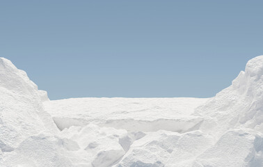 Wall Mural - abstact 3d render platform winter scene background, ice snow stone podium on ice snow rock with clea