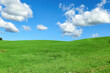 Leinwandbild Motiv Green grass field and blue sky with clouds, aesthetic nature background. Idyllic grassland, summer or spring landscape, green countryside fields, blue sky cloudy, bright environmental nature