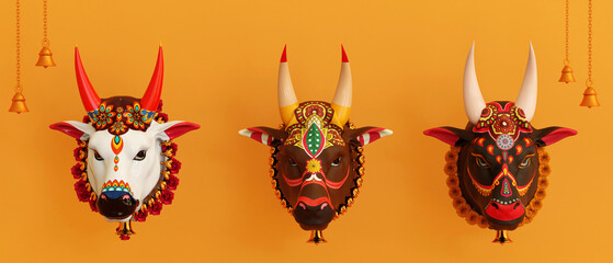 Different types of jallikattu cow head design for pongal festival, 3d render in yellow background