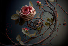 Generative AI: Design Of Roses With Twisted Branches And Thorns In Dark Background