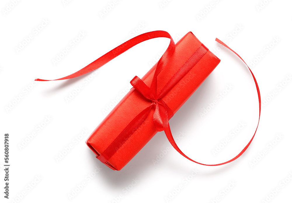 Beautiful gift box with ribbon on white background. Valentine's Day celebration