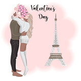 Fototapeta Paryż - Couple in Paris near the Eiffel Tower, Valentine's Day vector illustration 3