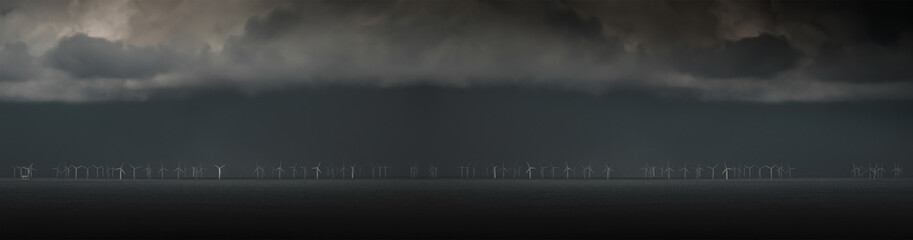 Banner with wind turbine generators. A wind farm in the ocean during a storm. Green energy concept